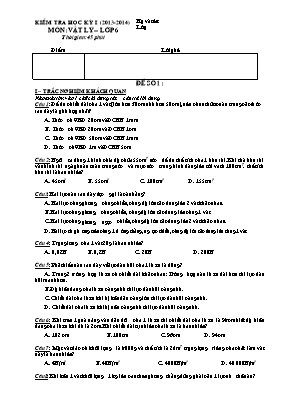 Đề kiểm tra học kỳ I môn Vật lý Lớp 6 - Năm học 2013-2014